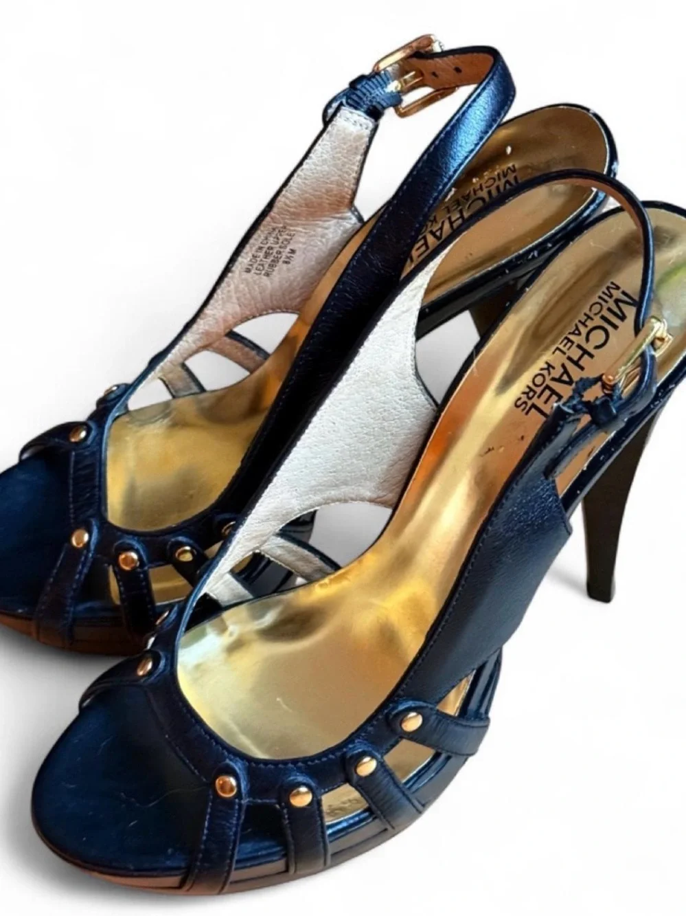 Michael Kors Black Leather Platform Slingback Heels Gold Studs Size 8.5